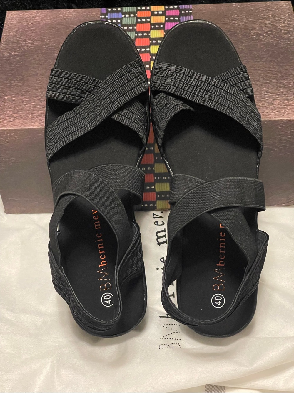 bernie mev. Black Crisscross Elastic Strap Sandals